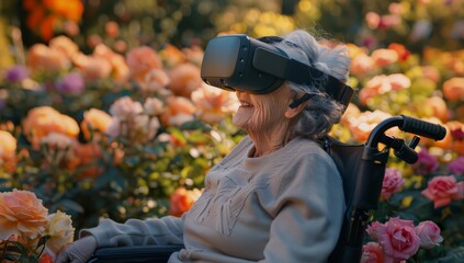 Seniors woman in a wheelchair wearing virtual reality glasses playing the game. Older woman with vr headset in garden, concept of virtual travel or vr immersion in game. 