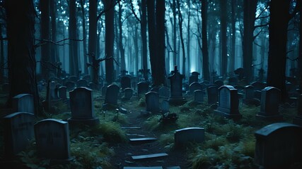 Obraz premium Scary haunted graveyard middle of forest night with crowded trees and graves with tombstone next to each other Halloween