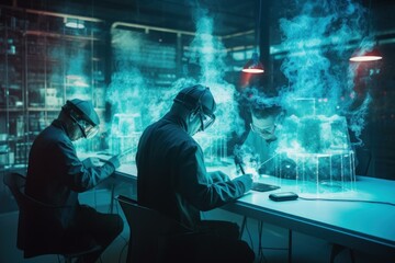 Scientists in virtual reality equipment performing advanced experiments in a high-tech lab with blue smoke