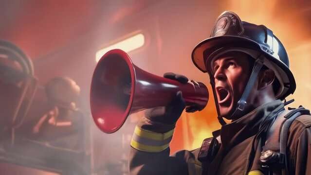 Firefighter with a megaphone, shouting orders at a fire scene, representing bravery and emergency response. Emergency. Firefighter on the job
