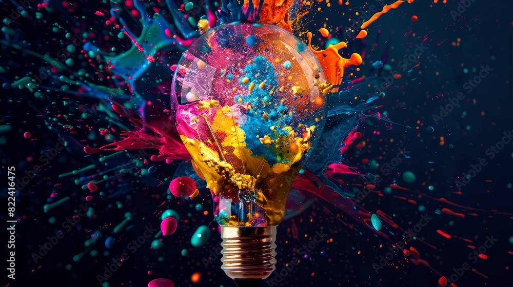 Aufkleber creative light bulb explodes with colorful paint and splashes on a black background. think different