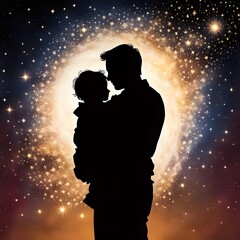 Father's day card. Dad and child in a warm hug. Various options, stars bloom. copy space. Vector illustration. Generative AI