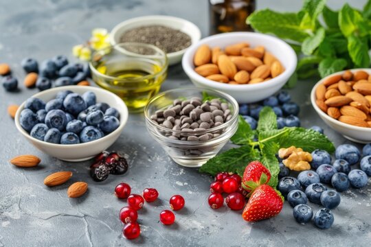 Many different kinds of fruits and berries in bowls.  Food background