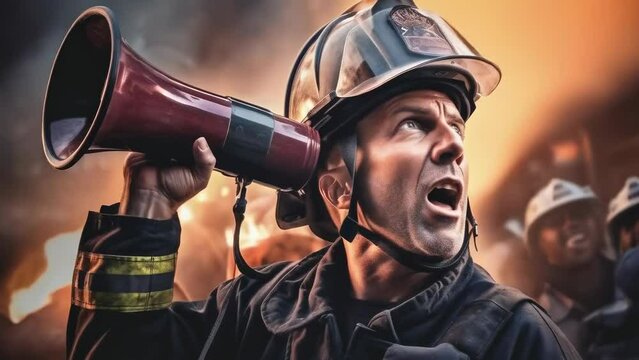 Firefighter with a megaphone, giving instructions at a fire scene, symbolizing leadership and emergency management. Emergency. Firefighter on the job