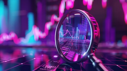 Data analysis, search engine optimization or SEO. magnifier, charts, graphs. ultraviolet and neon screen. AI generative