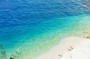 Clear blue colorful sea coastline and sand background