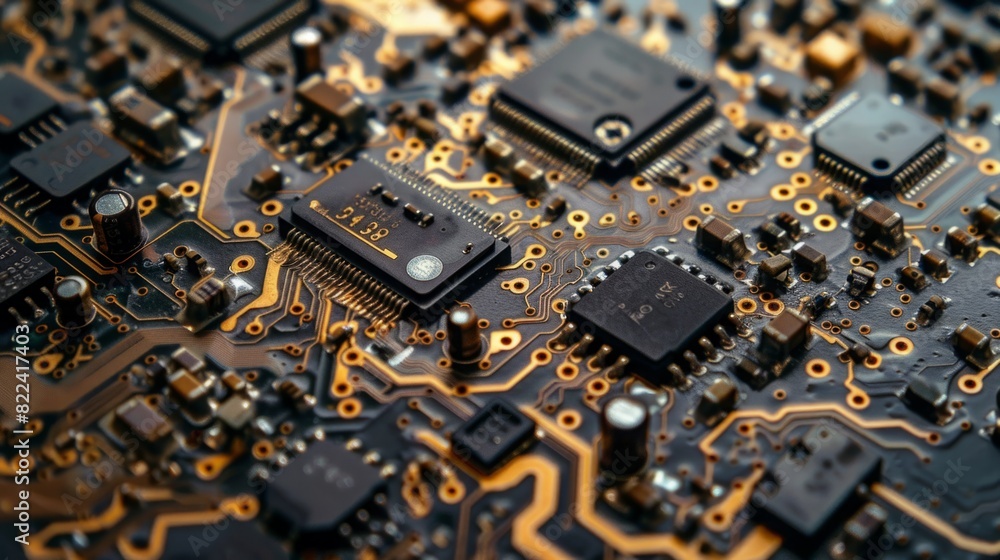 Poster detailed view of a computer circuit board showing various electronic components and pathways.
