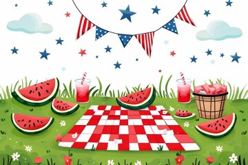 A charming illustration of a festive Fourth of July picnic featuring a checkered blanket, juicy watermelon slices, and vibrant patriotic decorations against a pristine white background.