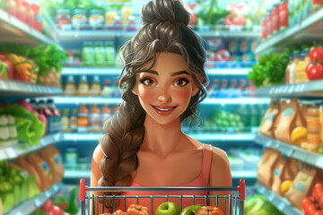 A girl with a full cart of vegetables and fruits in a supermarket, drawing.Fresh vegetables. Healthy lifestyle