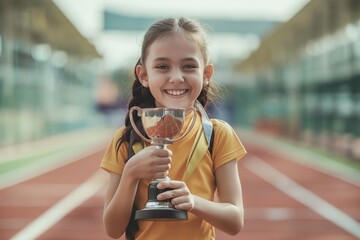 A young girl is holding a trophy and smiling generated by AI