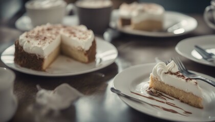 Dessert with whipped cream next to plates and cups with partially eaten cake slices. A fork and two coffee mugs are nearby, positioned close to the desserts.