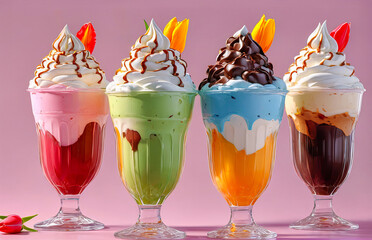 colorful ice cream float. Delicious colorful milkshakes with cream