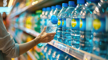 Close-Up of Woman's Hand Choosing Water Bottle in Supermarket