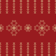 Traditional ethnic motifs ikat geometric fabric pattern cross stitch.Ikat embroidery Ethnic oriental Pixel red background. Abstract,vector,illustration. Texture,christmas,decoration,wallpaper.