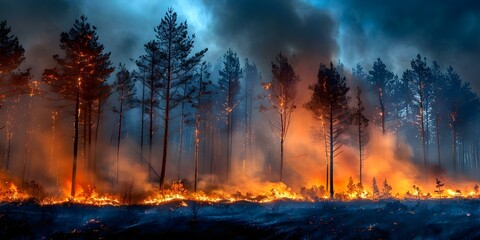 Wildfire ravages pine forest in dry season amid global environmental crisis. Concept Wildfires, Pine Forest, Dry Season, Environmental Crisis