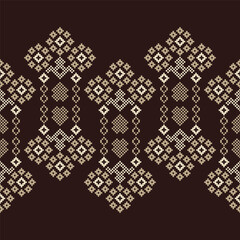 Traditional black ethnic motifs ikat geometric fabric pattern cross stitch.Ikat embroidery Ethnic oriental Pixel brown background.Abstract,vector,illustration. Texture,decoration,wallpaper.
