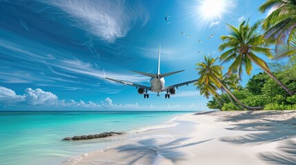 Majestic Airplane Soaring Above Tropical Beach Paradise