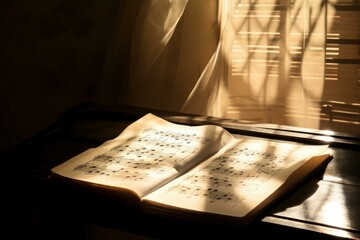 Open music book basked in warm morning light beside a flowing curtain