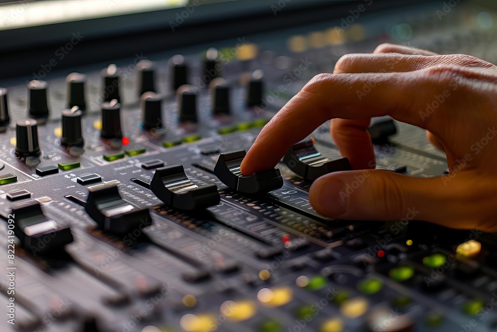 Poster close-up of hand adjusting audio mixing console in recording studio