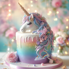 magical and dreamy cake featuring a glittering unicorn and rainbow design, set against a soft and romantic backdrop