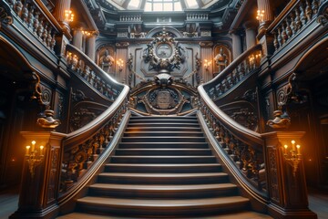 A close-up view of the opulent ship's grand staircase showcases its intricate carvings and exquisite lighting, exuding a sense of grandeur and luxury.