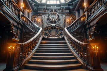 Obraz premium A close-up view of the opulent ship's grand staircase showcases its intricate carvings and exquisite lighting, exuding a sense of grandeur and luxury.