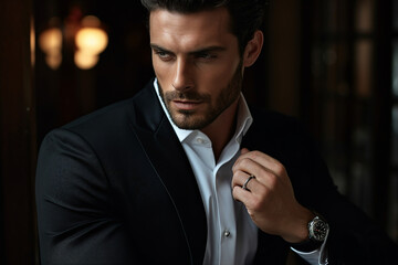 Generative AI illustration of young confident elegant man in suit