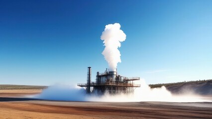 Fototapeta premium A geothermal power plant with steam rising against a clear blue sky. The scene highlights renewable energy generation in a vast, open landscape