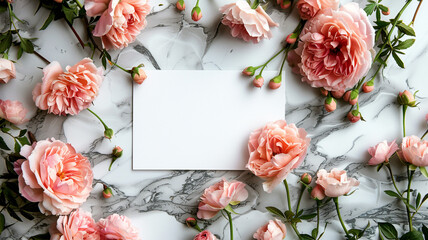 Horizontal empty card mockup with blooming white and red peony flowers. Overhead flat lay view of a blank white invitation stationery card with flowers. Horizontal empty card mockup,