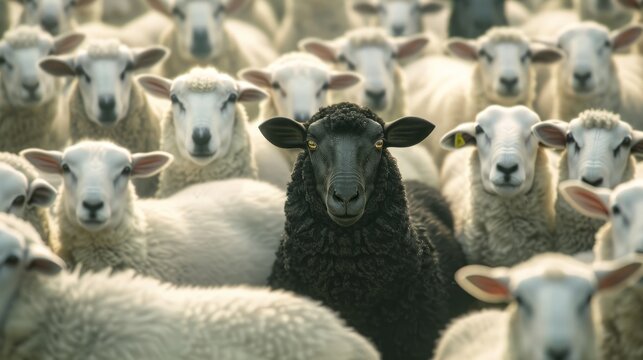 A black sheep among a flock of white sheep, raising head as a leader - Concept of standing out from the crowd, of being different and unique with its own identity and special skills among the others