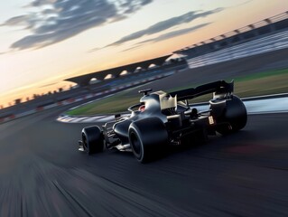 High-speed race car zooming around a bend at sunset on a professional racing track with motion blur and dramatic lighting.