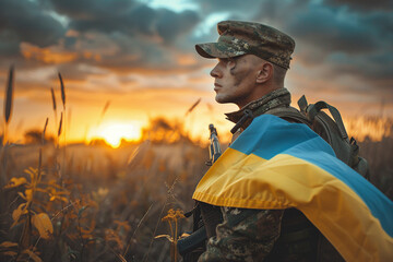 Naklejka premium Generative AI illustration of serious young male soldier in protective uniform and ukrainian flag