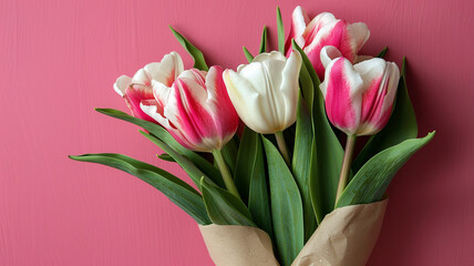 Fresh flower composition bouquet of bi color tulips pale pink and white gradient background International Womens day mothers day greeting concept. Fresh flower composition, bouquet of bi-color tulips,