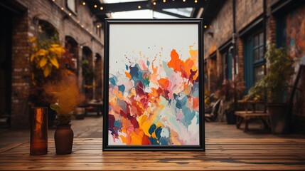 A white empty blank frame mockup hanging on a brick wall in an urban alleyway, with colorful...