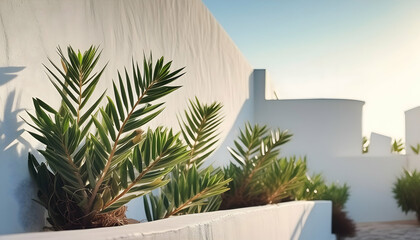 Happiness Closeup Mediterranean minimal wall and plant exterior architecture.