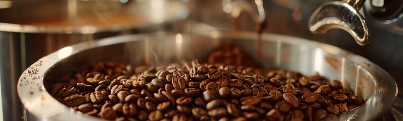 Bowl of coffee beans being roasted in a coffee machine. Food background. Banner