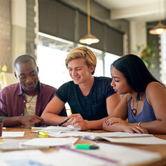 Student, friends and university notes at cafe with group, education and exam study for learning. College research, restaurant and smile of young people with school project and paperwork for test