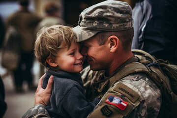 Fototapeta premium AI generated picture of affectionate reunion between a military soldier and baby