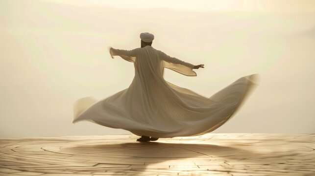 A whirling dervish dances representing the spiritual connection between rotation spin and the force of angular momentum.
