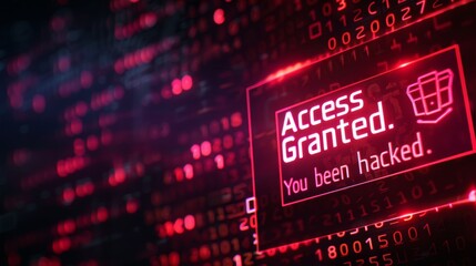 Cybersecurity Breach Alert: Hacker's Warning Message on Desktop Monitor with Masked Face Emblem in Binary Code Background