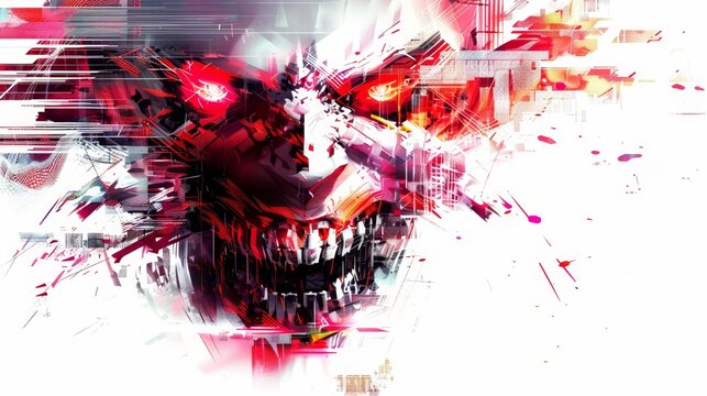 Glitchy Cyber Threat Portrait with Menacing Red Eyes and Teeth on Transparent Background