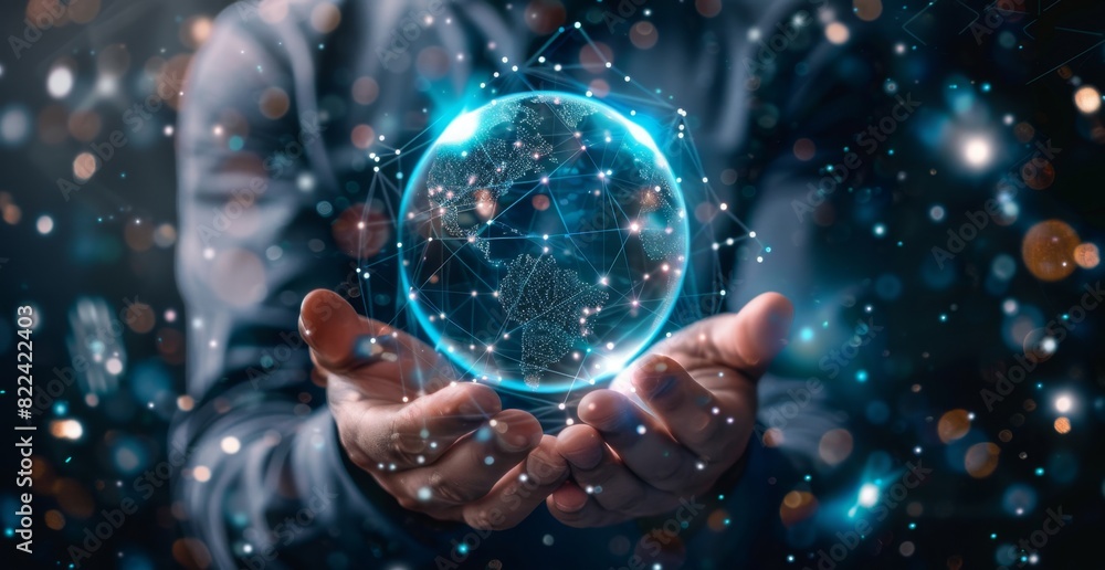 Poster businessman holding a digital sphere with a network connection in his hand, representing technology 