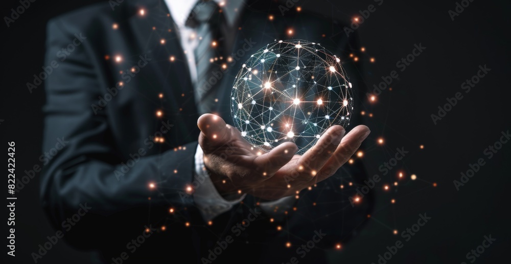 Poster Businessman holding a virtual glowing connection sphere with network dots and lines in his hand on a dark background, representing a technology concept for global business Generative AI