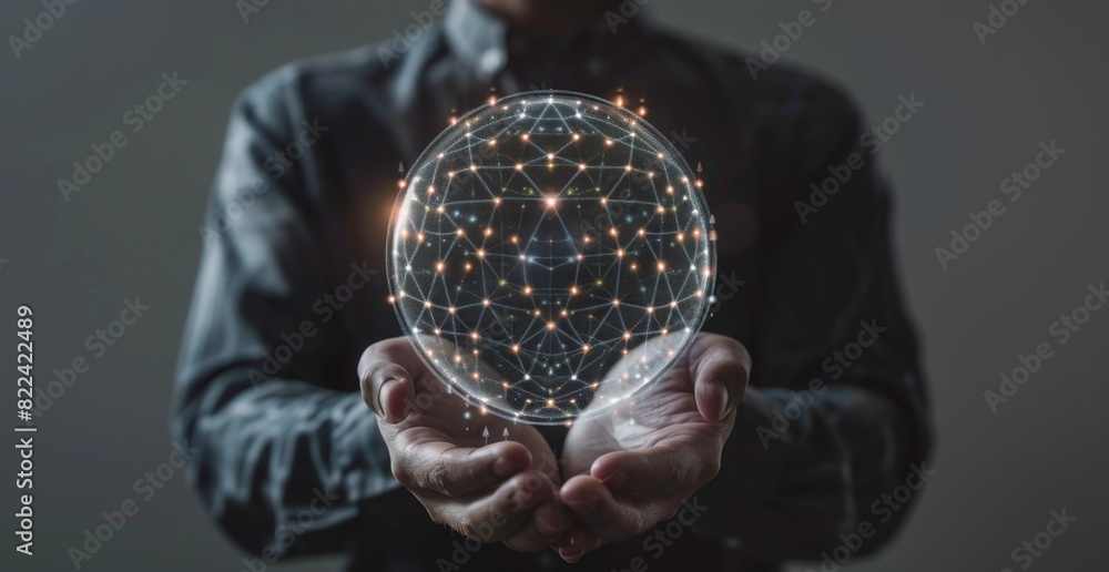 Poster Businessman holding a digital sphere with a network connection and data technology background for a global business concept, in the style of a futuristic internet of things Generative AI