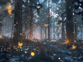 Ethereal Fireflies Mesmerizing Dance in Glowing Twilight Forest Illuminated by Sunset Lighting and Silver Dust