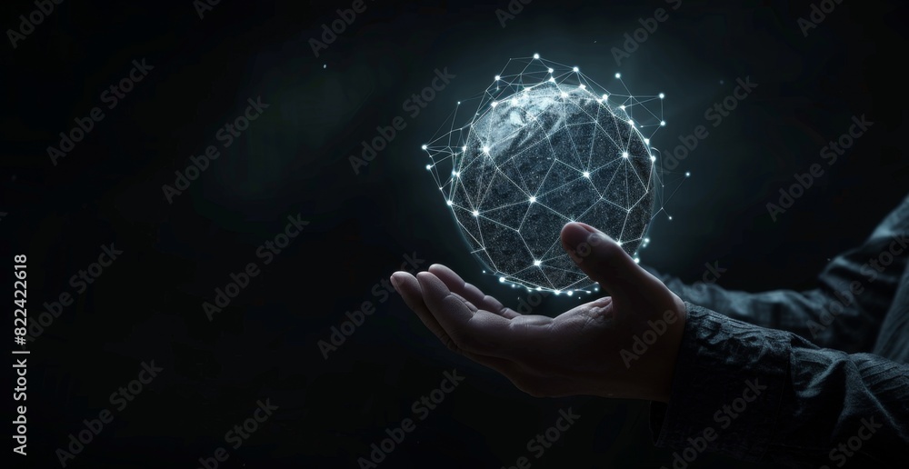 Poster Businessman holding a virtual glowing connection sphere with network dots and lines in his hand on a dark background, representing a technology concept for global business Generative AI