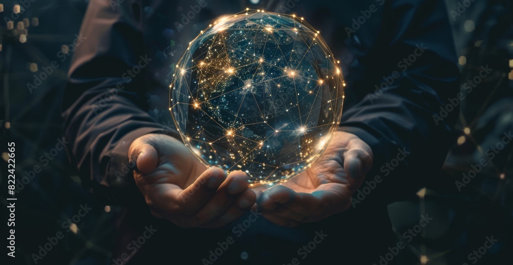 Poster Businessman holding a digital sphere with a network connection and data technology on a dark background, an abstract futuristic business concept for global internet Generative AI