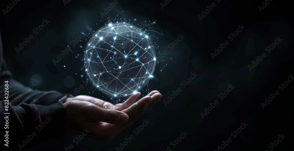 Poster businessman holding a virtual glowing connection sphere with network dots and lines in his hand on a