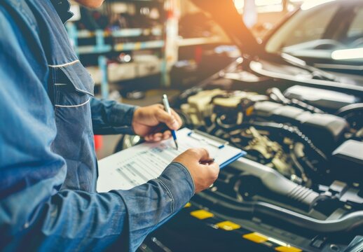 An auto repairman writes a job checklist on a clipboard while inspecting an engine to estimate repairs and maintenance at a vehicle garage.