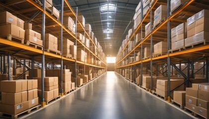 warehouse shelves with boxes, logistics of shipping and receiving market goods